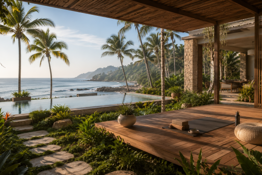 Luxury wellness retreat in Coastal Mexico featuring an oceanfront villa, infinity pool, tropical gardens, and yoga deck overlooking the Pacific Ocean