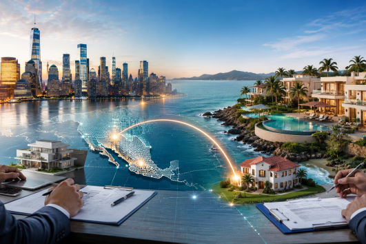 Cross-border financing for buying property in Mexico from the USA, featuring luxury Mexican real estate, financial documents, and a U.S.-Mexico investment connection.