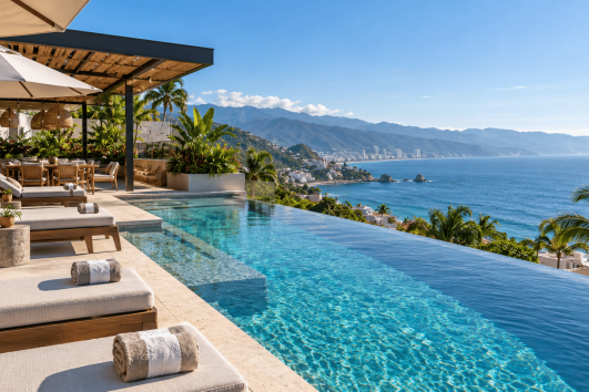Luxury Puerto Vallarta condo infinity pool overlooking Banderas Bay with ocean views and tropical mountains.