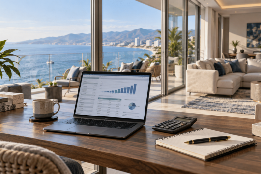 Luxury Puerto Vallarta condo with ocean views and a laptop displaying rental income and occupancy data. Copy alt text