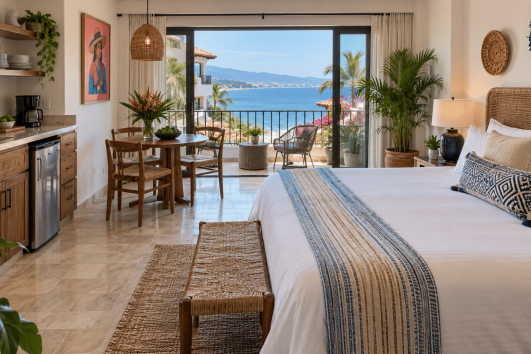 Modern studio condo in Puerto Vallarta with an ocean-view balcony, kitchenette, dining area, and king-size bed. Copy alt text