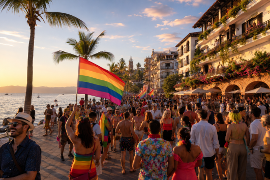 Crowds celebrating Puerto Vallarta Pride on the Malecón waterfront with rainbow flags and ocean views at sunset