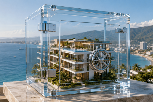 Luxury oceanfront condominium in Puerto Vallarta protected inside a crystal vault symbolizing secure foreign property ownership through a fideicomiso in Mexico.