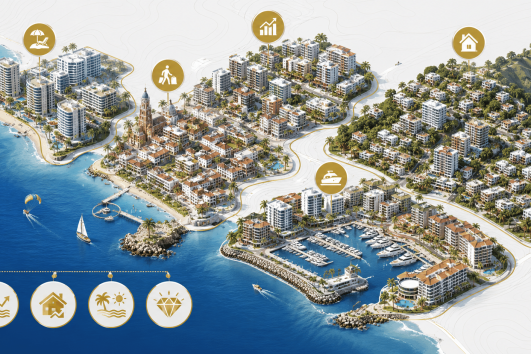 Isometric map of Puerto Vallarta highlighting Versalles, 5 de Diciembre, Hotel Zone, Romantic Zone, and Marina Vallarta for real estate investment in 2026.
