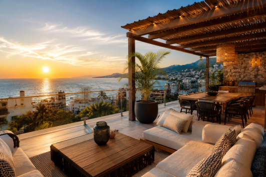 Luxury ocean-view terrace in Puerto Vallarta overlooking the coastline at sunset with modern outdoor seating and tropical design.