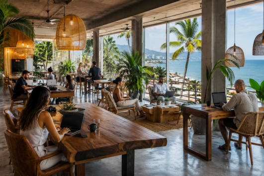 Modern coworking space in Puerto Vallarta with remote professionals working in a bright, contemporary office surrounded by tropical plants and natural light.