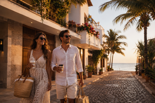 Luxury couple walking through a walkable beachfront neighborhood in Puerto Vallarta near the ocean at sunset