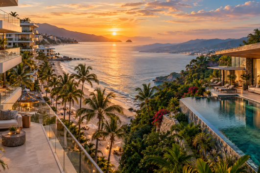 Luxury beach and hillside real estate in Puerto Vallarta at sunset