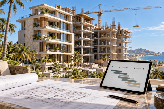 Pre-construction condo development in Mexico with architectural plans and payment schedule