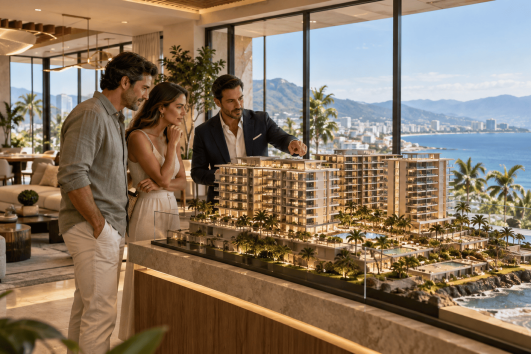 Buyers reviewing a luxury pre-sale condominium model in Puerto Vallarta overlooking Banderas Bay
