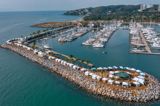 "Stunning view of the marina of La Cruz with boats and coastal scenery."