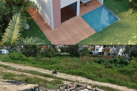 Before and after of a pre-construction villa project in Puerto Vallarta showing a modern finished home and the same structure under construction.