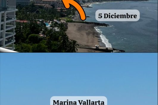Overview of Puerto Vallarta zones: Marina Vallarta, Romantic Zone, and 5 Diciembre, with coastal view and cityscape.