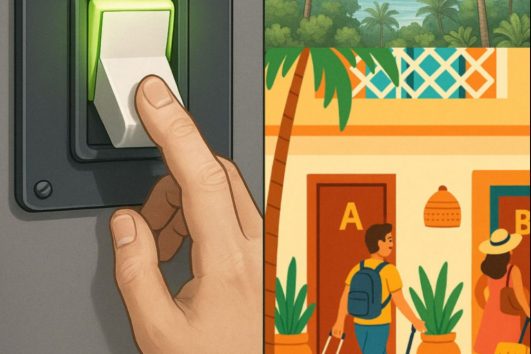 Illustration of the lock-off system showing a hand flipping a switch and two guests entering separate condo units labeled A and B in a tropical setting
