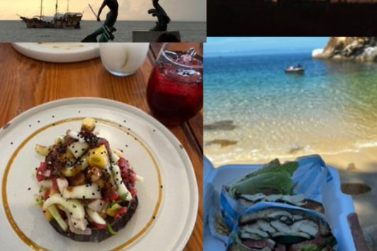 A collage of Puerto Vallarta lifestyle showing beach scenes, local cuisine, oceanfront real estate, and iconic sunsets