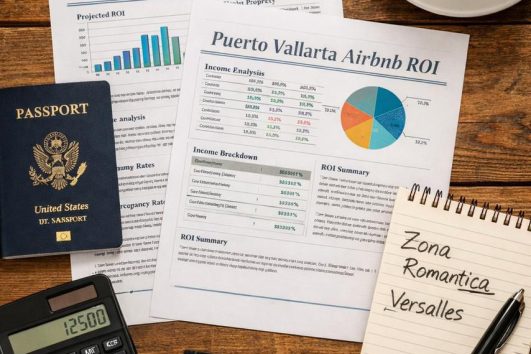 Flat lay of Puerto Vallarta Airbnb ROI planning materials with calculator, passport, coffee, and real estate documents