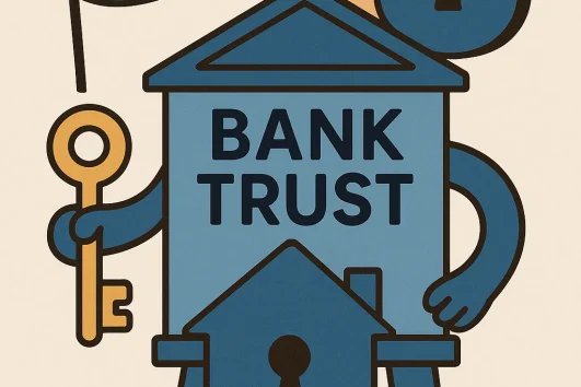 Illustration of Mexican bank trust (fideicomiso) holding a key and house with Mexican flag and lock symbol