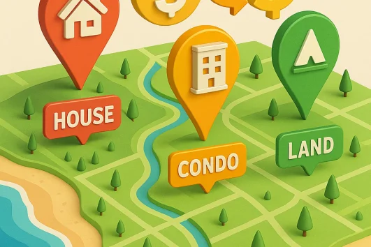 3D illustrated map of Puerto Vallarta showing property types — house, condo, and land — with dollar and peso currency symbols