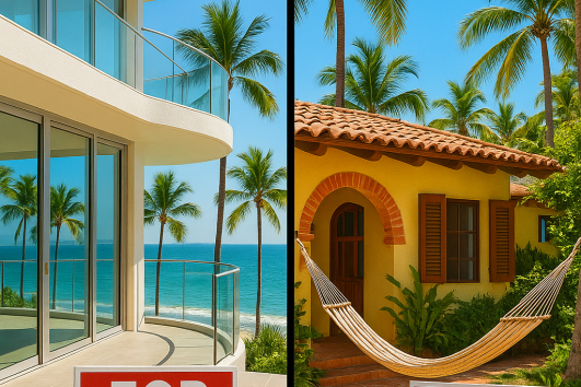 Split view of beachfront condo for sale and tropical rental home in Puerto Vallarta, Mexico