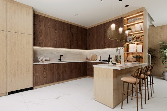 Modern luxury condo kitchen with wood cabinetry, marble countertops, and a spacious kitchen island.